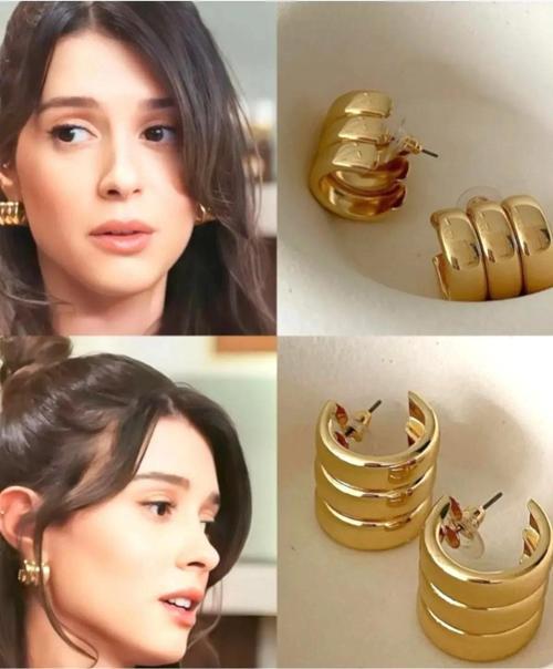 Gold 3 Sıra Bombeli Küpe Seti