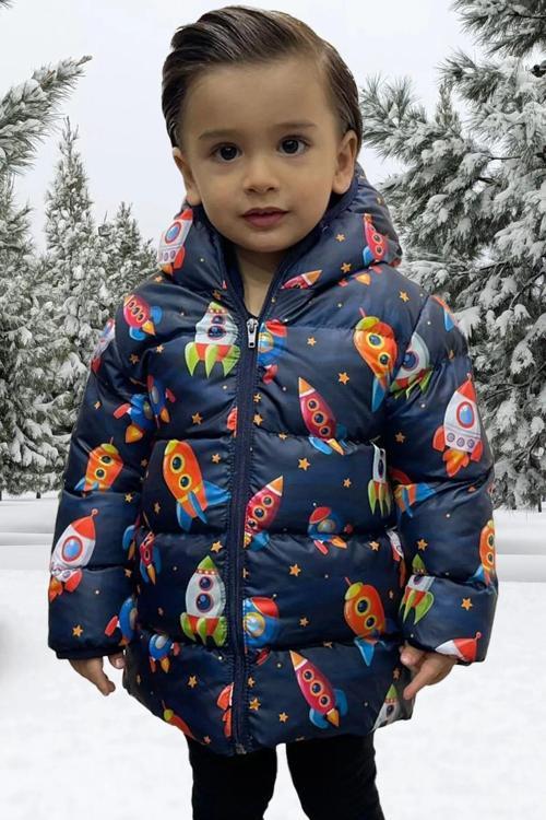 Erkek Çocuk Polarlı Kürklü Kapüşonlu Roket Desenli Kışlık Şişme Mont Kaban Parka