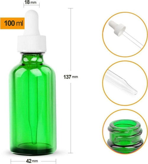 Yeşil Cam Şişe 100Ml Beyaz Kapak Cam Damlalıklı 6 Adet