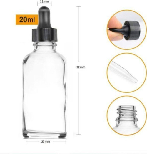 Şeffaf Cam Şişe 20Ml Siyah Kapak Cam Damlalıklı 12 Adet