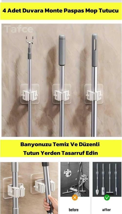 4 Adet Pratik Fırça Mop Askısı Süpürge Paspas Tutucu Mutfak Ve Banyo Askısı Set Renkli