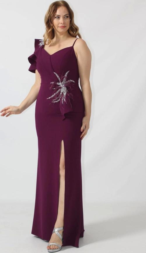 21927 Mürdüm Omuzu İki Katlı Beli Taş İşlemeli Kadın Büyük Beden Abiye Elbise