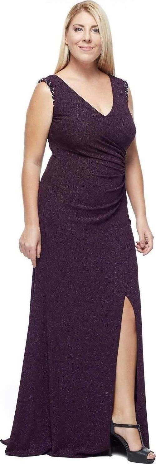 8004 Omuz - Bel Işleme Kruvaze Abiye Elbise Mürdüm