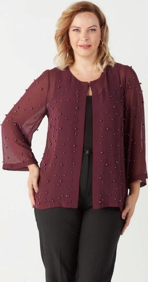 1951 Mürdüm Inci Ve Taş Baskılı Şifon Büyük Beden Şık Ceket