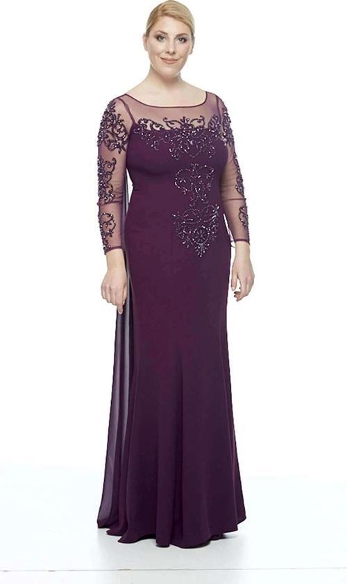 Kadın Uzun Kollu Arkası Şifon Kuyruklu Abiye Elbise Mürdüm 8028