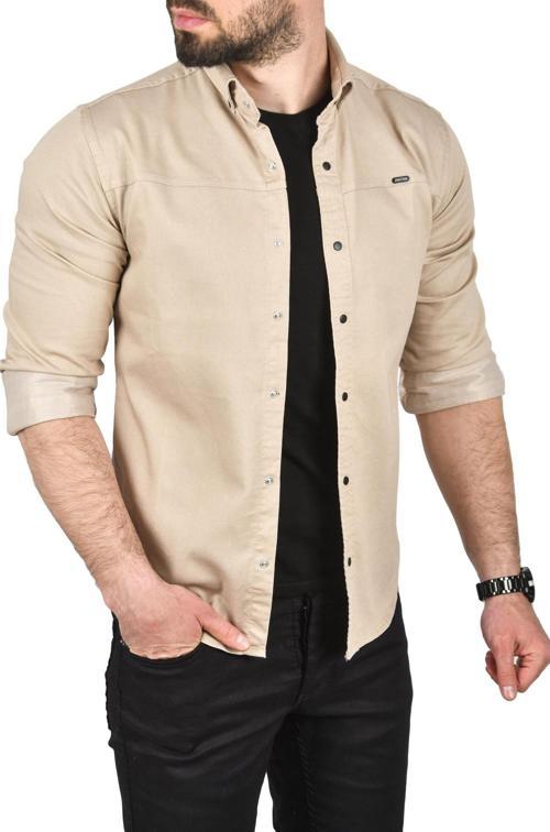 Erkek Bej Slim Fit Pamuklu Kot Gömlek Kolay Ütülenebilir Çıt Çıtlı Likralı Spor Gömlek 2502504