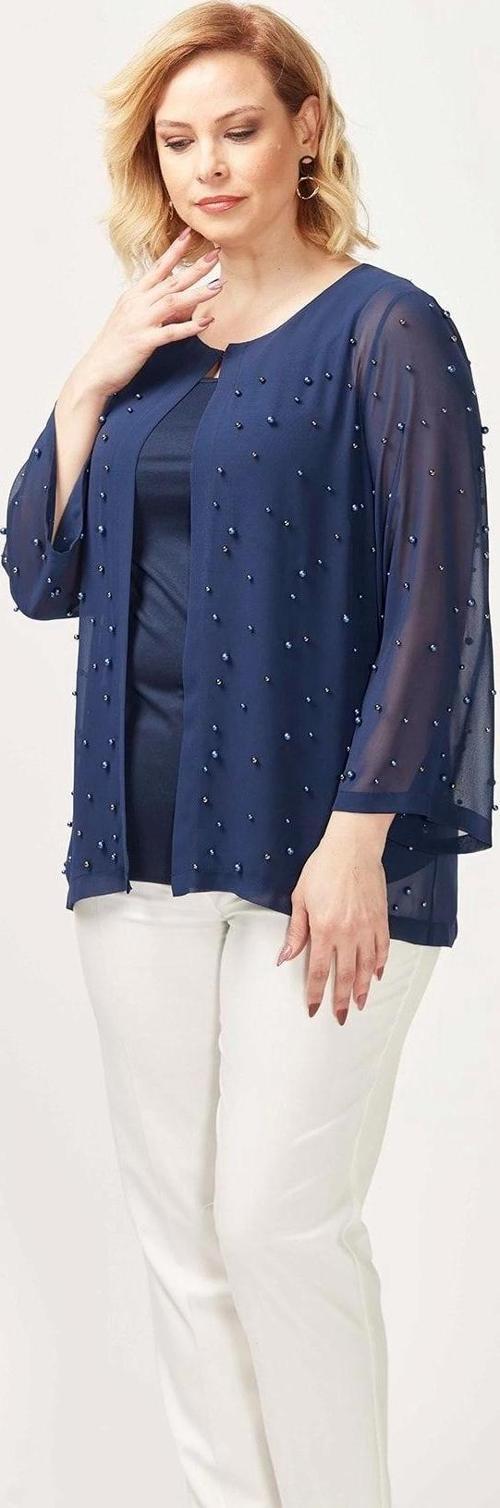 1951 Lacivert Inci Ve Taş Baskılı Şifon Büyük Beden Şık Ceket