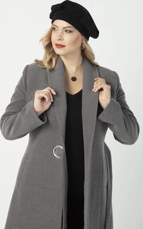 932 Kadıngri Şal Yaka Kuşaklı Toka Detaylı Büyük Beden Kaşe Kaban