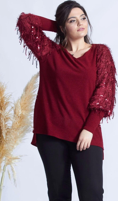 Bordo Pullu Kol Büyük Beden Triko Bluz
