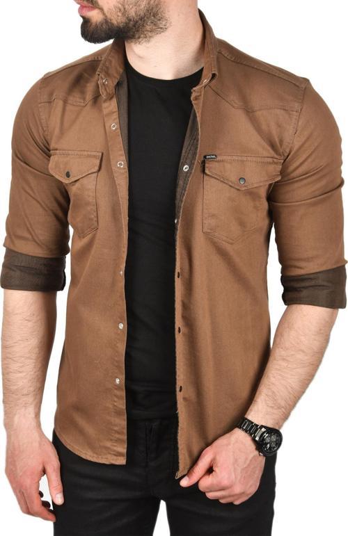 Erkek Kahve Slim Fit Pamuklu Cepli Kot Gömlek Çıtçıtlı Uzun Kollu Spor Gömlek 2502503