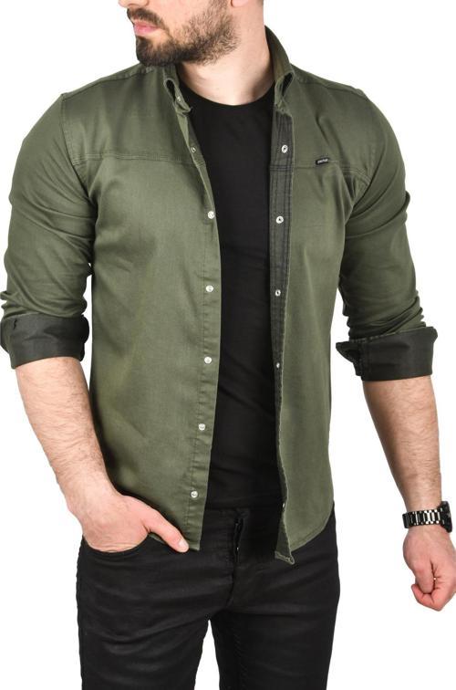 Erkek Haki Slim Fit Pamuklu Kot Gömlek Kolay Ütülenebilir Çıt Çıtlı Likralı Spor Gömlek 2502504