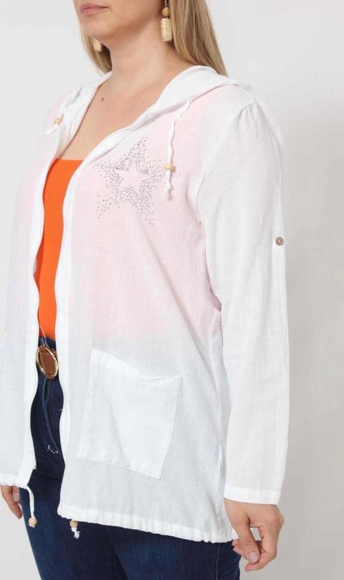 B1016B BEYAZ YILDIZ BASKILI KAPÜŞONLU FERMUARLI CEKET