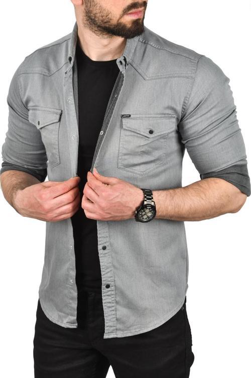 Erkek Gri Slim Fit Pamuklu Cepli Kot Gömlek Çıtçıtlı Uzun Kollu Spor Gömlek 2502503