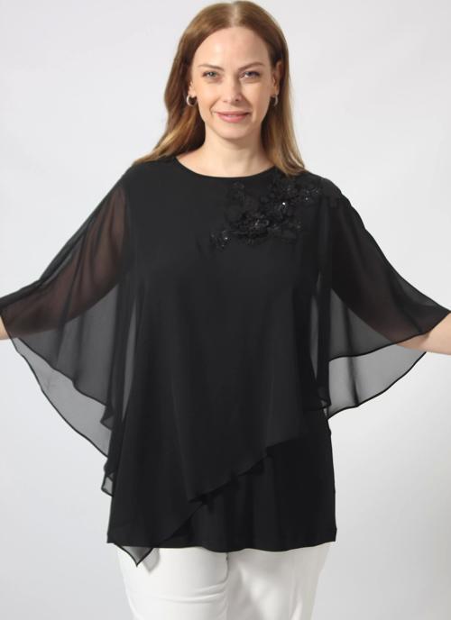 5040 Pul Payet Aplikli Şifon Kombin Büyük Beden Şık Bluz
