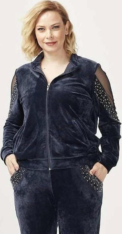 1950 Kolları Taşlı Tam Kalıp Tarz Kadife Büyük Beden Eşofman Takım Lacivert