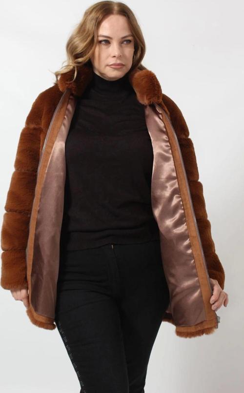 3258 KADIN FERMUARLI DIK YAKALI LÜKS SUNİ KÜRK KABAN