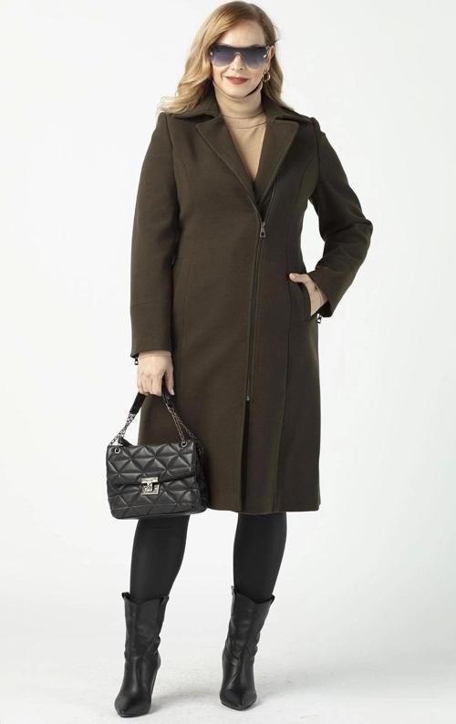 928 Haki Ön Kol Fermuar Detaylı Büyük Beden Kaşe Kaban