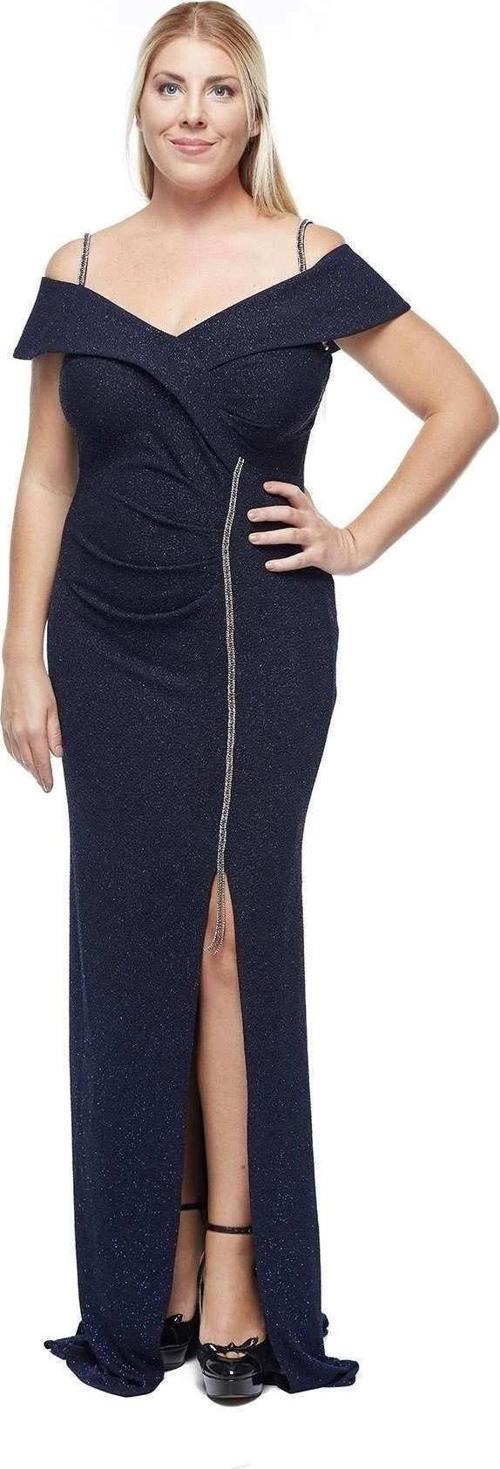 Düşük Omuz Yırtmaçlı Simli Abiye Elbise Lacivert