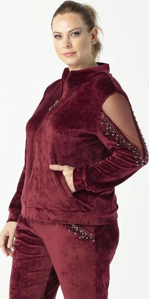 1950 Kolları Taşlı Tam Kalıp Tarz Kadife Büyük Beden Eşofman Takım Bordo