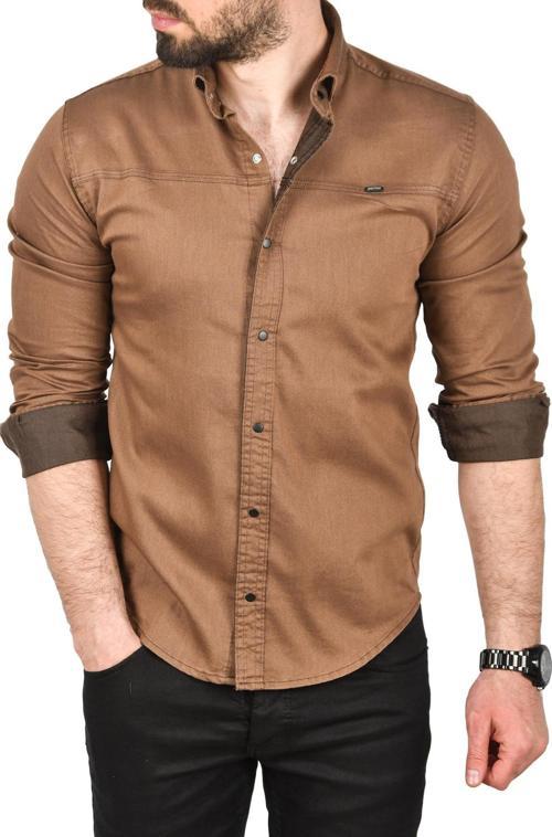 Erkek Kahve Slim Fit Pamuklu Kot Gömlek Kolay Ütülenebilir Çıt Çıtlı Likralı Spor Gömlek 2502504