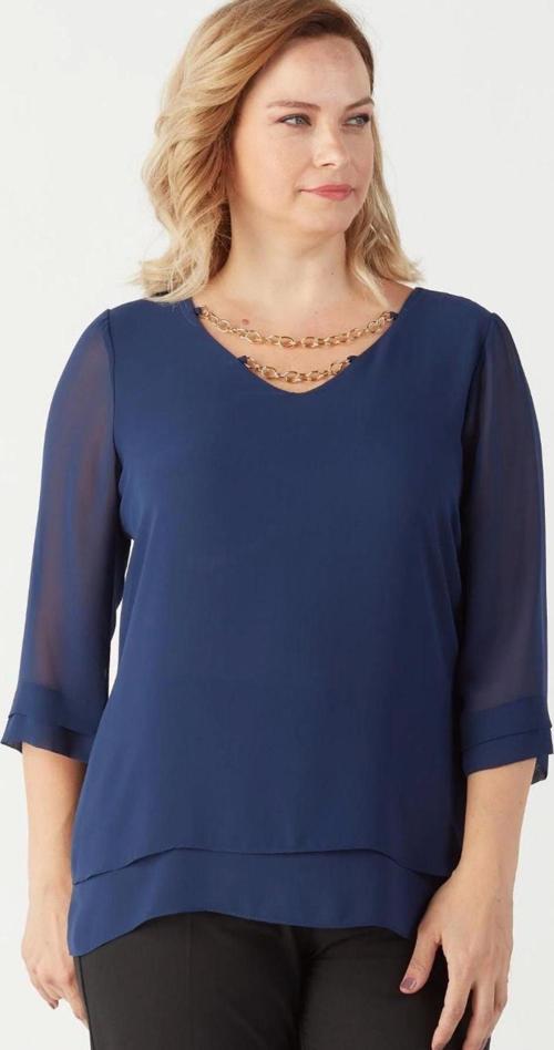 1935 Zincir Yakalı Şifon Büyük Beden Şık Bluz Lacivert