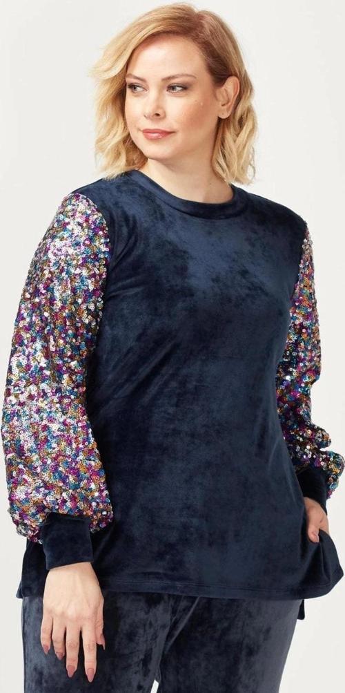 3232 Lacivert Kadife Kolu Disko Payetli Büyük Beden Bluz