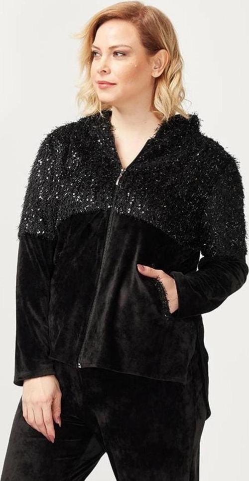 3239 Tam Kalıp Pullu Saçaklı Tarz Kapşonlu Kadife Eşofman Takımı Siyah