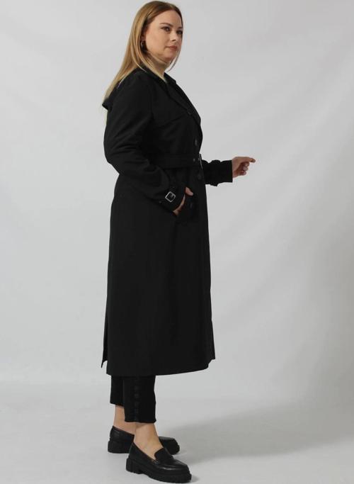 Dizaltı Düğmeli Kuşaklı Trençkot Siyah