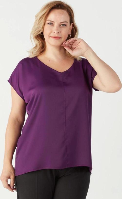 3203 Saten V Yaka Kısa Kollu Büyük Beden Şık Bluz Mürdüm