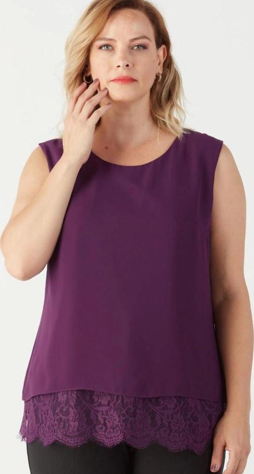 3207 Etek Ucu Dantelli Şifon Büyük Beden Şık Bluz Mürdüm