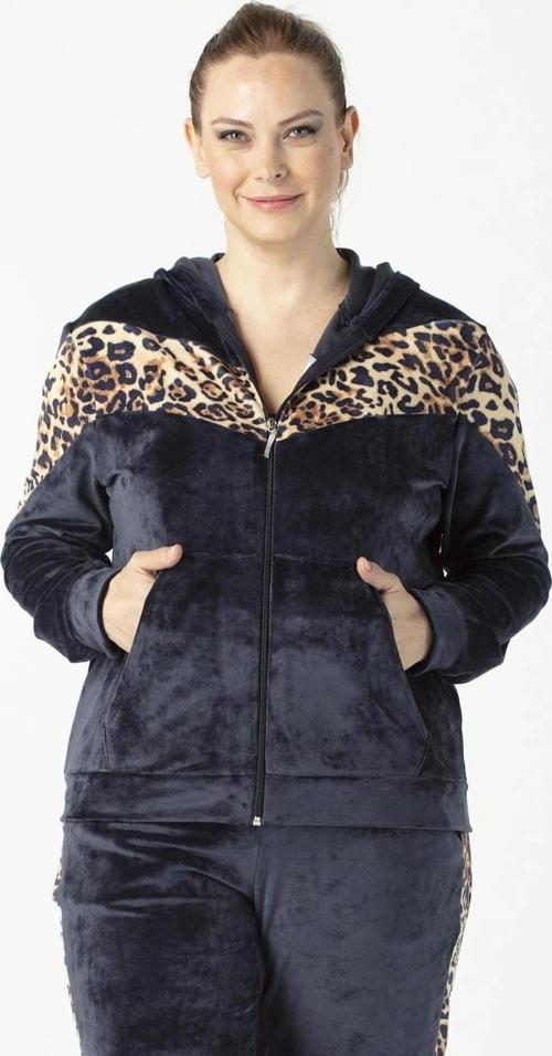 1927 Leopar Detaylı Lacivert Tam Kalıp Tarz Kapüşonlu Kadife Büyük Beden Eşofman Takımı