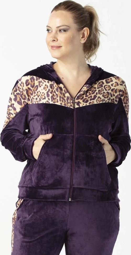 1927 Leopar Detaylı Mürdüm Tam Kalıp Tarz Kapüşonlu Kadife Büyük Beden Eşofman Takımı