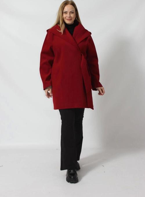 Kuşaklı Yandan Bağlama Detaylı Kapüşonlu Kaşe Kaban