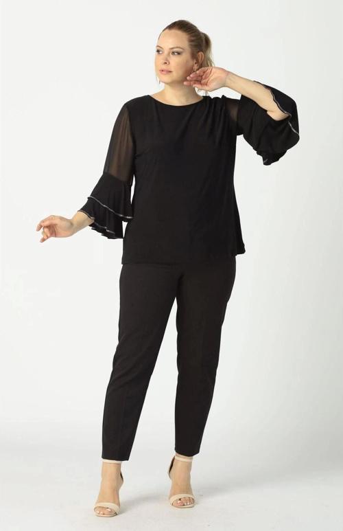 4043 Siyah Kolları Volanlı Esnek Şık Taşlı Büyük Beden Bluz