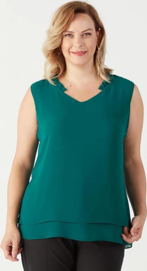 3241 Yaka Fırfırlı Kolsuz Büyük Beden Şık Bluz Petrol