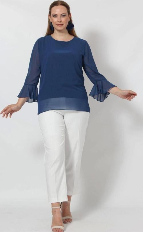 3119İ İndigo Kolu Valon ve Bağcık Detaylı Bluz