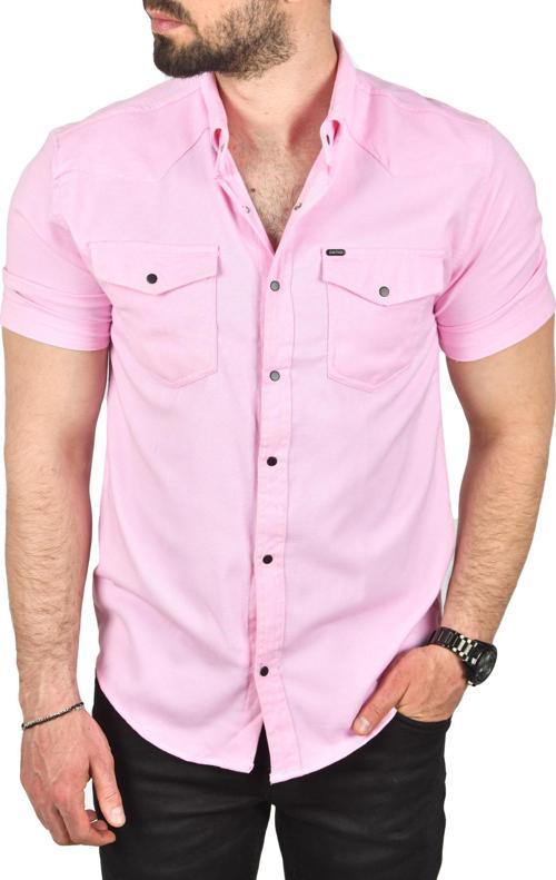 Erkek Pembe Slim Fit Pamuklu Likralı Kısa Kol Gömlek Kolay Ütülenebilir Çıt Çıtlı Cepli Spor Gömlek 2400253