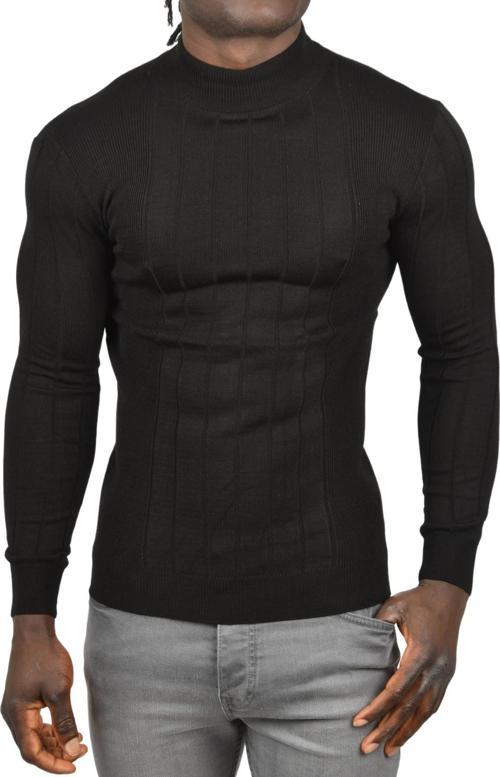 Erkek Siyah Yarım Balıkçı Yaka Çizgili Tüylenmeyen Slim Fit Triko Kazak 2505491