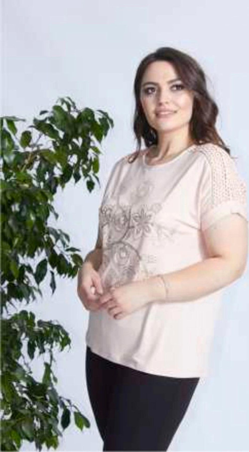3008 Pudra Önü Parlak Baskılı Kolu Dantelli Esnek Büyük Beden Bluz