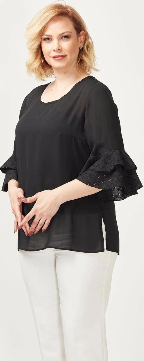 3206 Kolları Fisto Detaylı Büyük Beden Bluz Siyah