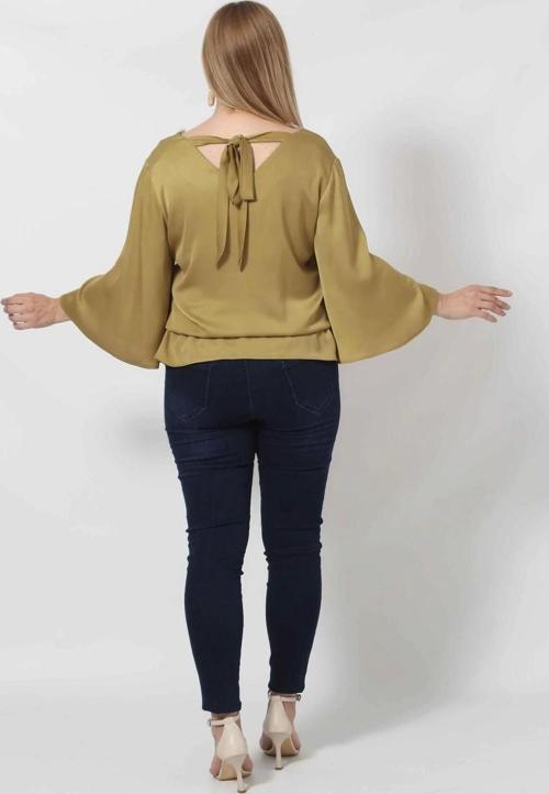 3183YY YAĞ YEŞİLİ Beli Lastikli Bol Kol Bluz