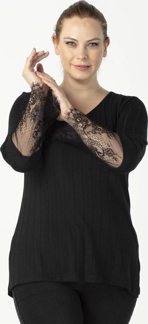 1954 Siyah Kol Ucu Dantelli Şık Esnek Büyük Beden Triko Bluz