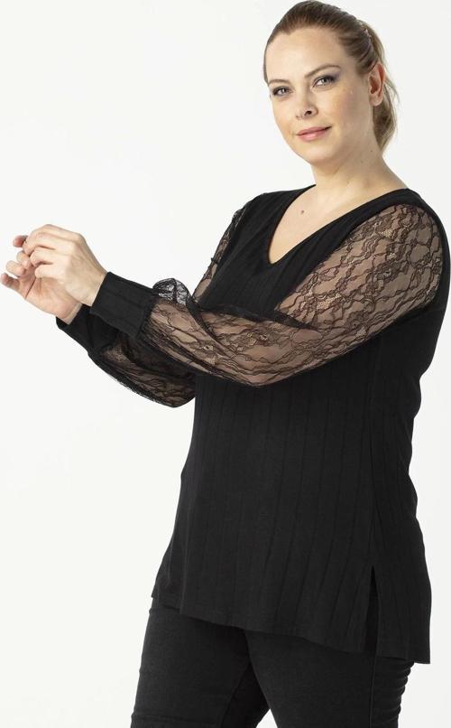 1952 Siyah Kolu Dantelli Şık Esnek Büyük Beden Triko Bluz