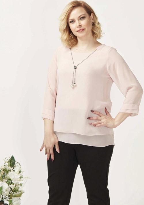 1934 Kolyeli Şifon Büyük Beden Şık Bluz Açık Pembe