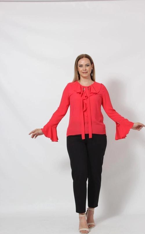 3241-5 Mercan İspanyol Kol Boyun Bağlama Detaylı Bluz