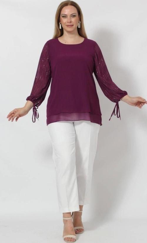 3243 Kolu Taş Baskılı Şık Bluz Mürdüm