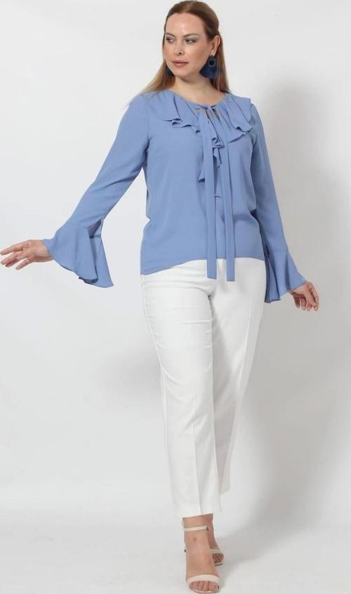 3241-5i İndigo İspanyol Kol Boyun Bağlama Detaylı Bluz