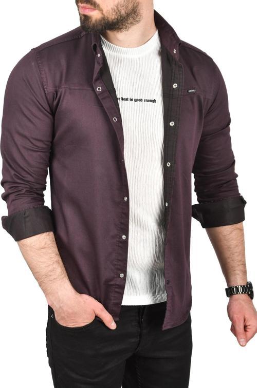 Erkek Mürdüm Slim Fit Pamuklu Kot Gömlek Kolay Ütülenebilir Çıt Çıtlı Likralı Spor Gömlek 2502504