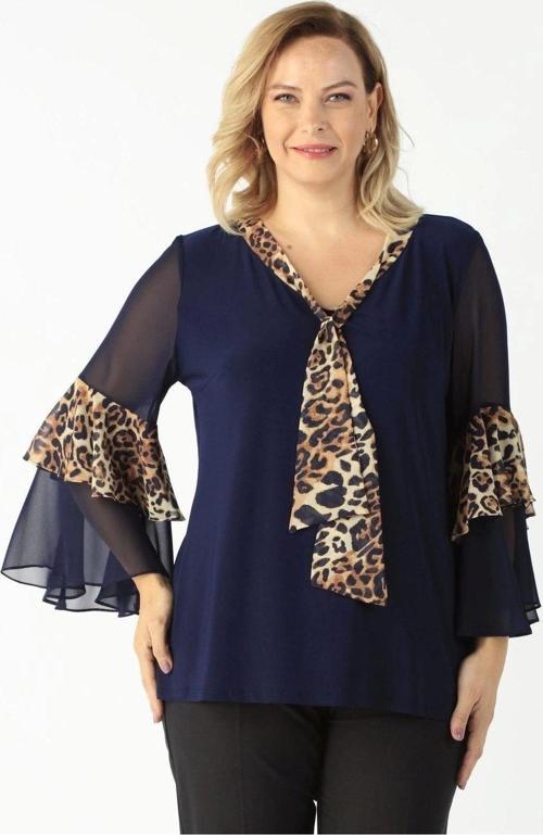 Kadın Lacivert/leopar Volan Kollu Büyük Beden Bluz