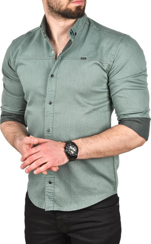 Erkek Yeşil Slim Fit Pamuklu Kot Gömlek Kolay Ütülenebilir Çıt Çıtlı Likralı Spor Gömlek 2502504